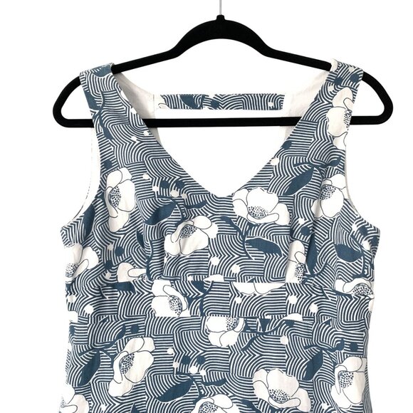 Anni Kuan Floral Blue White Linen Sleeveless Mini Sheath Dress Size 4 V-Neckline - Picture 3 of 6